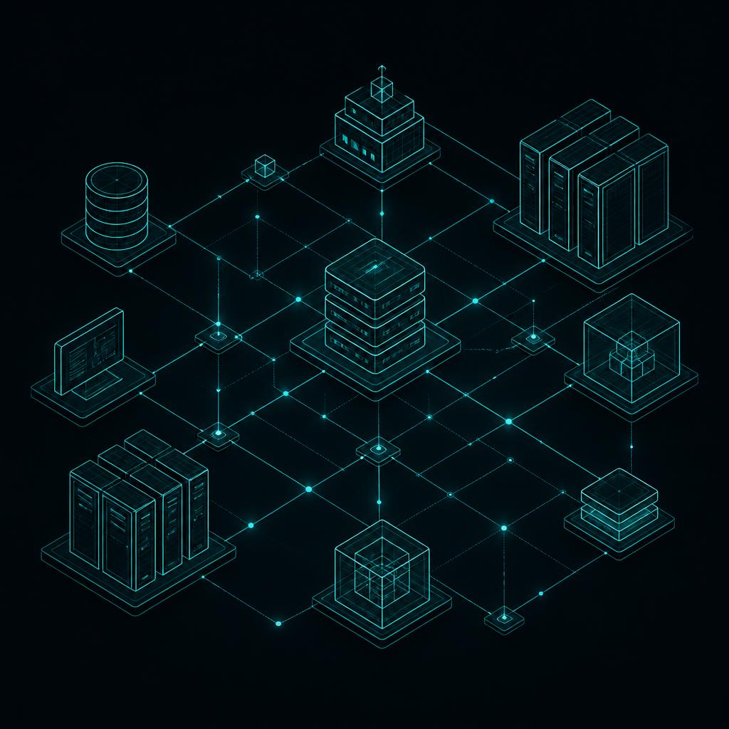 Isometric diagram of connected digital infrastructure nodes